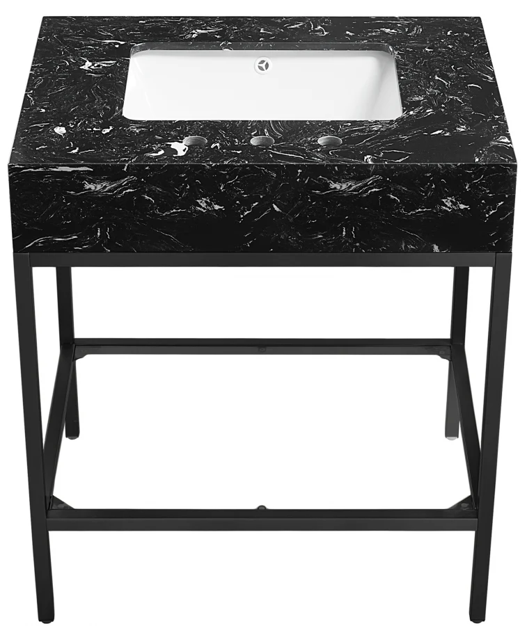 Marmo Engineered Stone Top and Matte Black Base, Steel And Glass Base Vanity - Image 20