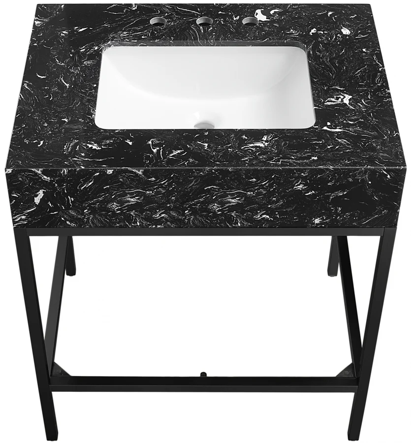 Marmo Engineered Stone Top and Matte Black Base, Steel And Glass Base Vanity - Image 21