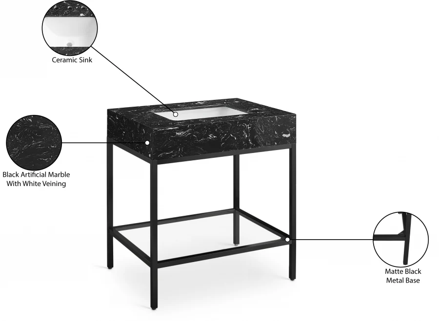 Marmo Engineered Stone Top and Matte Black Base, Steel And Glass Base Vanity - Image 25
