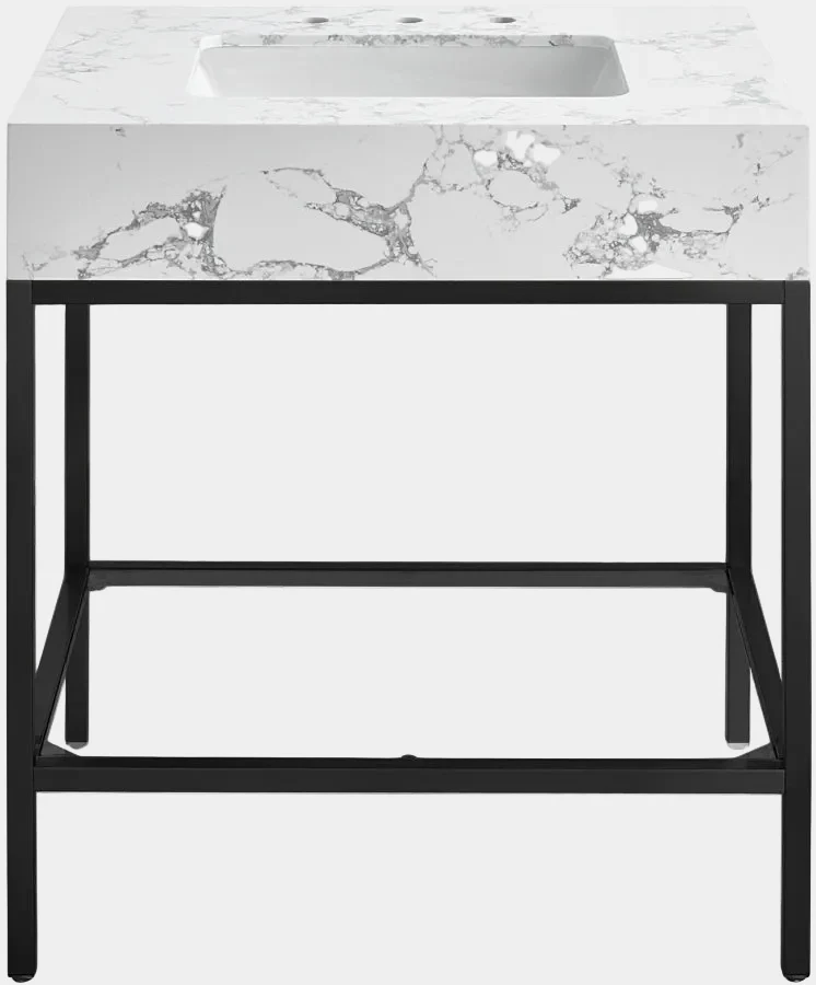 Marmo Engineered Stone Top and Matte Black Base, Steel And Glass Base Vanity - Image 26