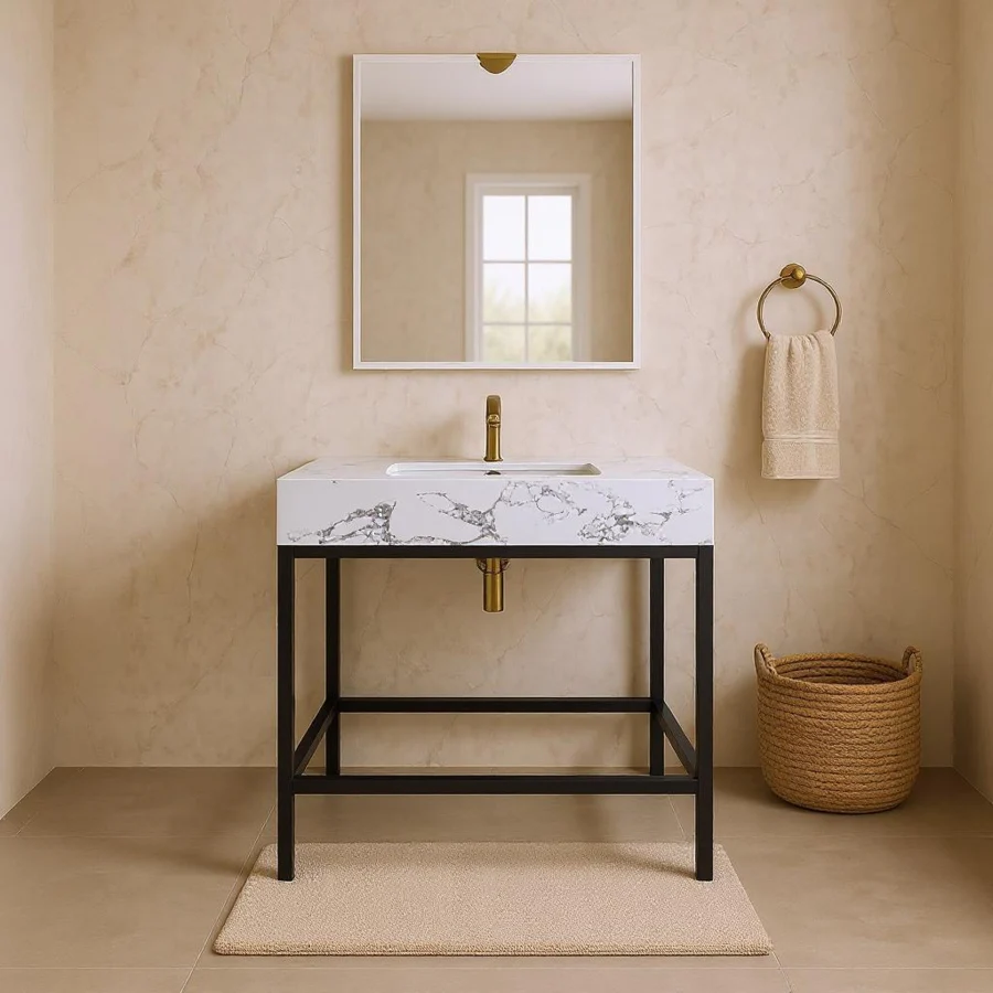 Marmo Engineered Stone Top and Matte Black Base, Steel And Glass Base Vanity - Image 27