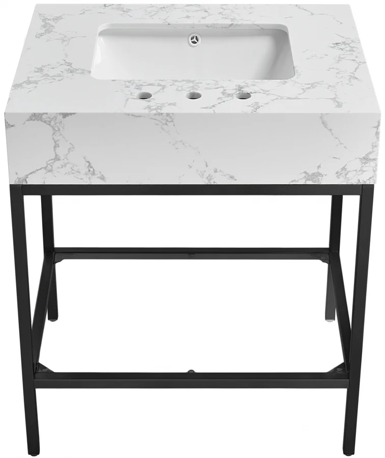 Marmo Engineered Stone Top and Matte Black Base, Steel And Glass Base Vanity - Image 28