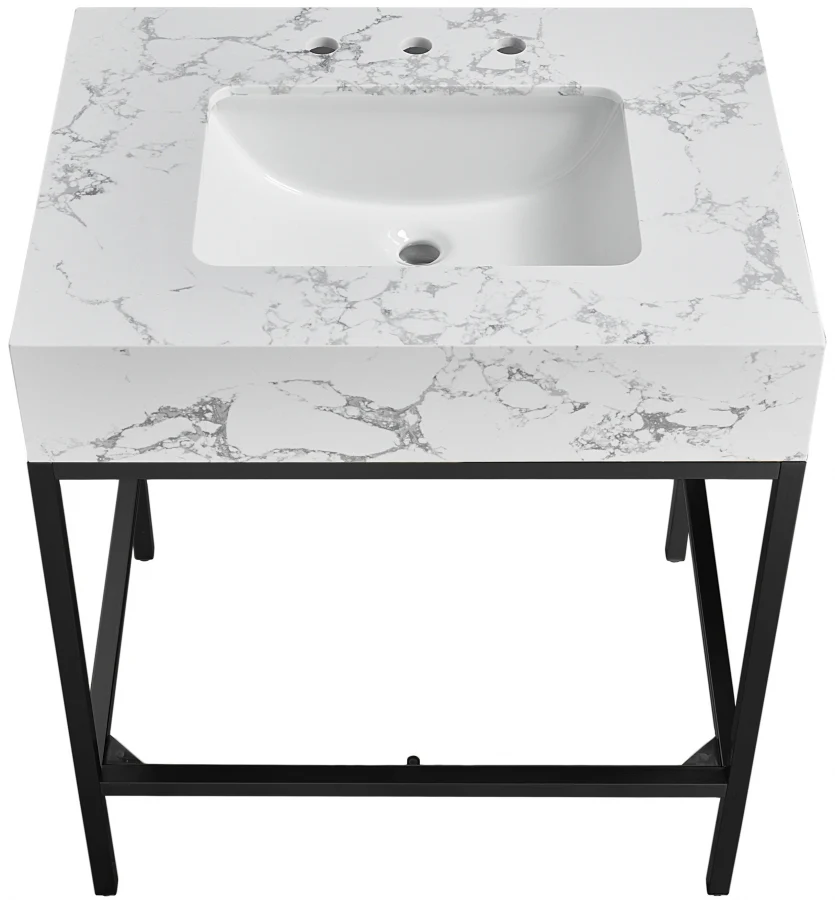 Marmo Engineered Stone Top and Matte Black Base, Steel And Glass Base Vanity - Image 29
