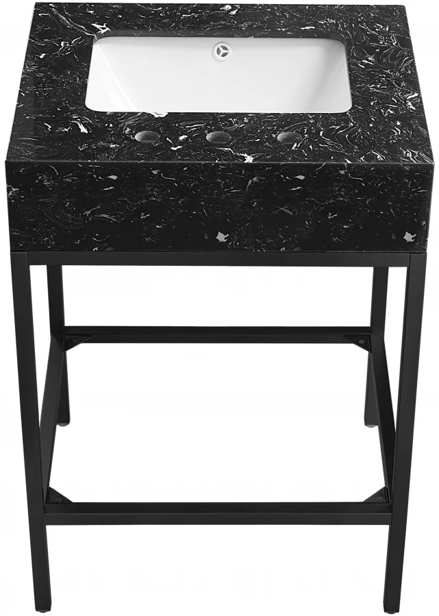 Marmo Engineered Stone Top and Matte Black Base, Steel And Glass Base Vanity - Image 3