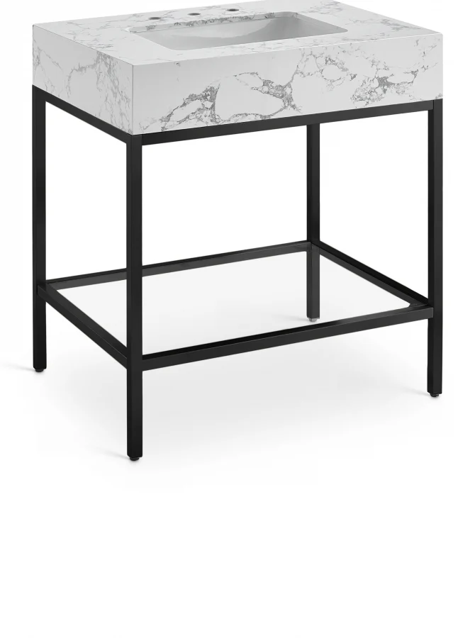 Marmo Engineered Stone Top and Matte Black Base, Steel And Glass Base Vanity - Image 32