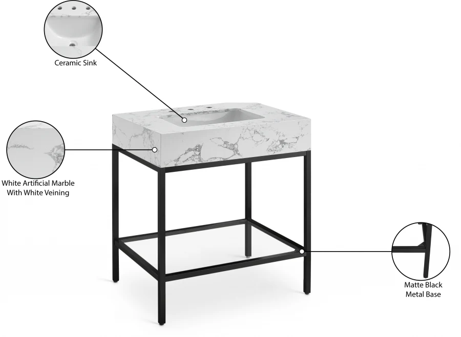 Marmo Engineered Stone Top and Matte Black Base, Steel And Glass Base Vanity - Image 33