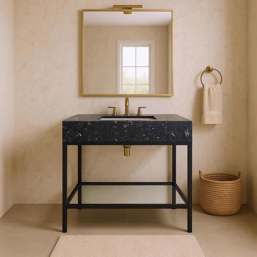 Marmo Engineered Stone Top and Matte Black Base, Steel And Glass Base Vanity - Image 36