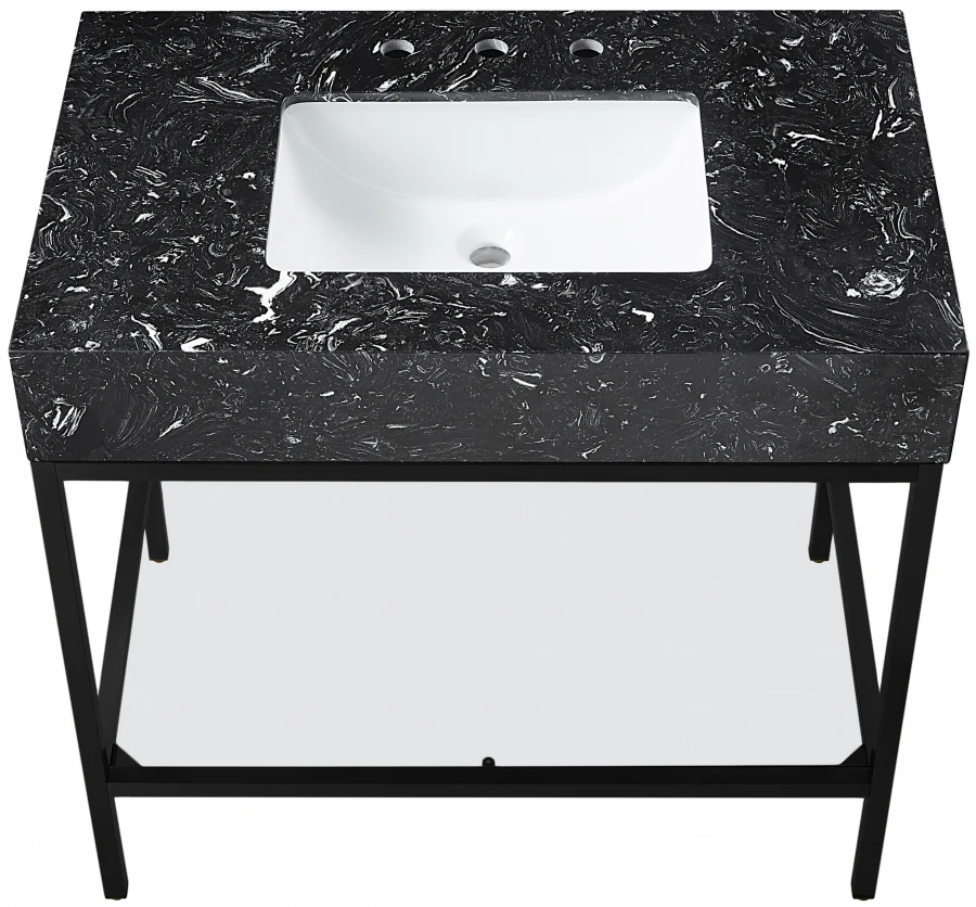 Marmo Engineered Stone Top and Matte Black Base, Steel And Glass Base Vanity - Image 38