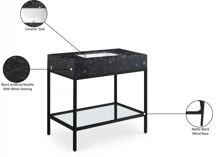 Marmo Engineered Stone Top and Matte Black Base, Steel And Glass Base Vanity - Image 41