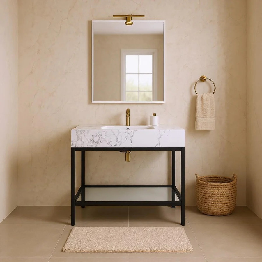 Marmo Engineered Stone Top and Matte Black Base, Steel And Glass Base Vanity - Image 45