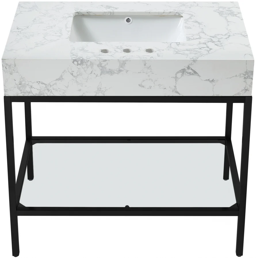 Marmo Engineered Stone Top and Matte Black Base, Steel And Glass Base Vanity - Image 46