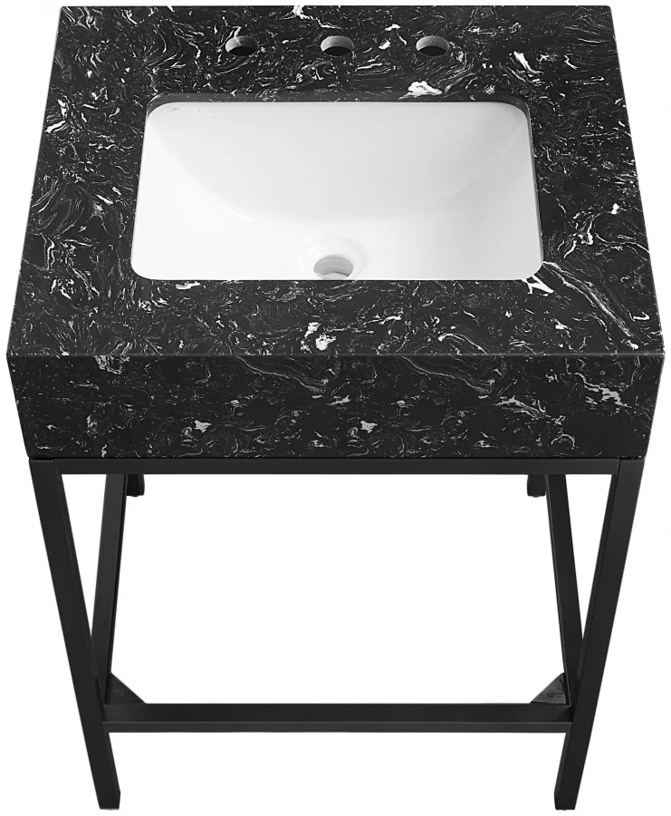 Marmo Engineered Stone Top and Matte Black Base, Steel And Glass Base Vanity - Image 5