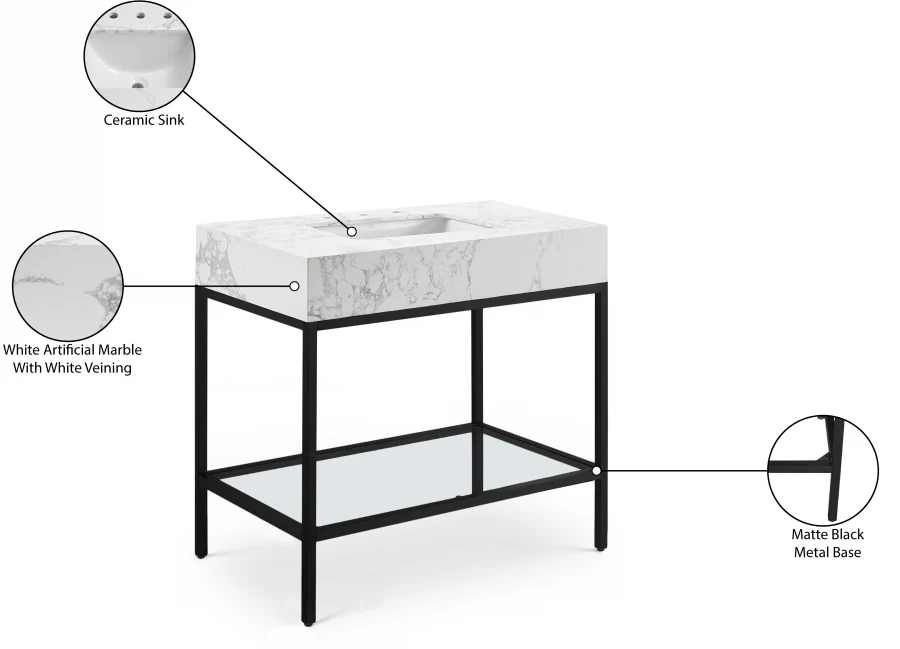 Marmo Engineered Stone Top and Matte Black Base, Steel And Glass Base Vanity - Image 51