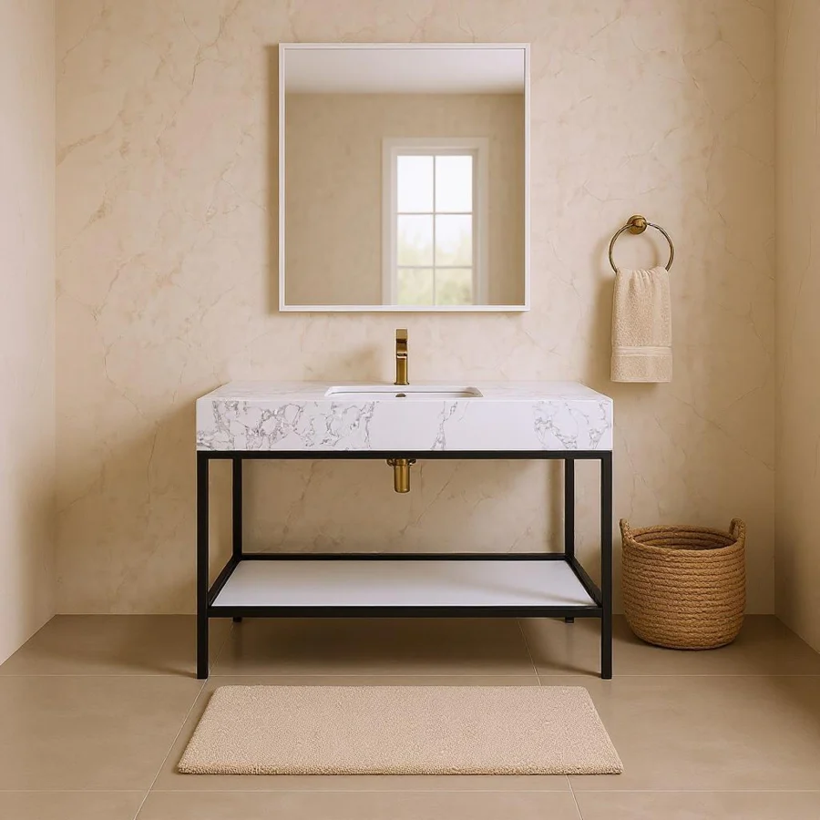 Marmo Engineered Stone Top and Matte Black Base, Steel And Glass Base Vanity - Image 61