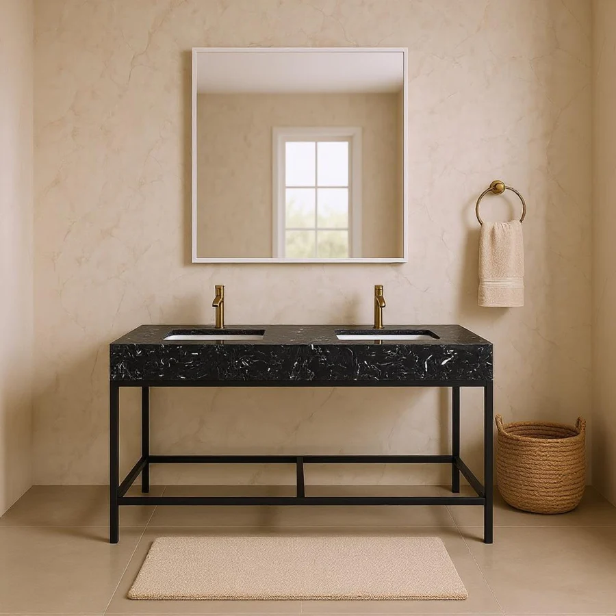 Marmo Engineered Stone Top and Matte Black Base, Steel And Glass Base Vanity - Image 70