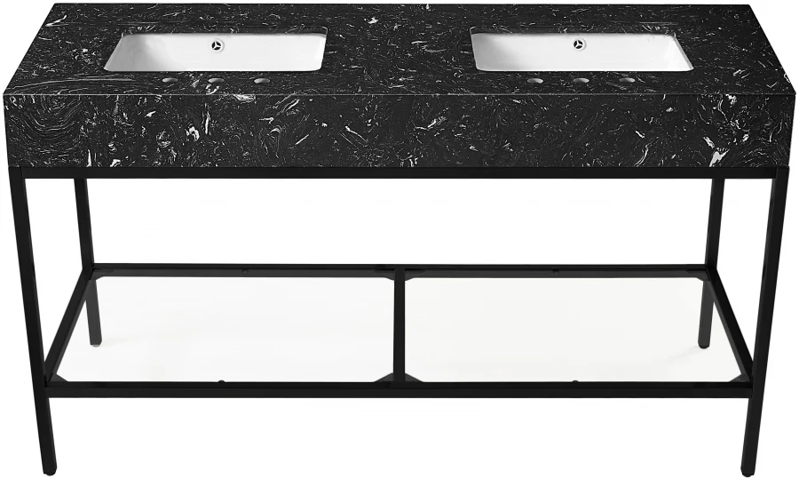Marmo Engineered Stone Top and Matte Black Base, Steel And Glass Base Vanity - Image 71