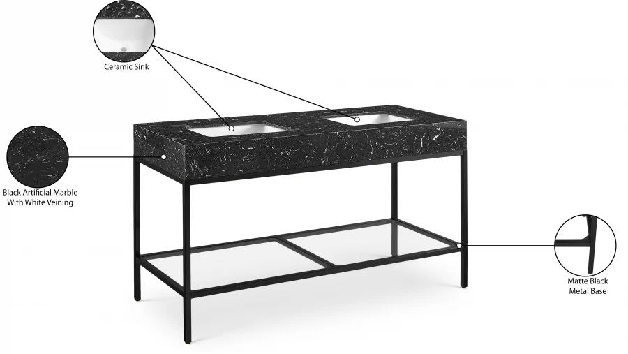 Marmo Engineered Stone Top and Matte Black Base, Steel And Glass Base Vanity - Image 77
