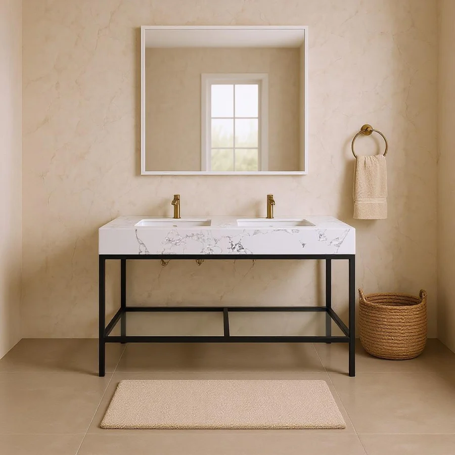 Marmo Engineered Stone Top and Matte Black Base, Steel And Glass Base Vanity - Image 79