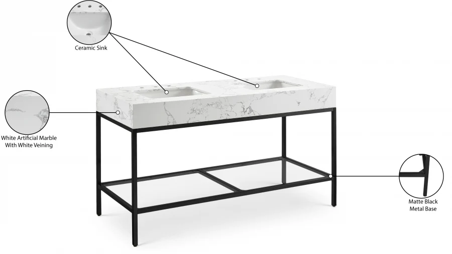Marmo Engineered Stone Top and Matte Black Base, Steel And Glass Base Vanity - Image 86