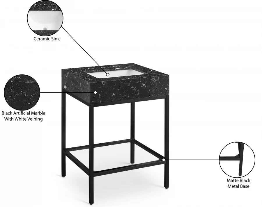 Marmo Engineered Stone Top and Matte Black Base, Steel And Glass Base Vanity - Image 9