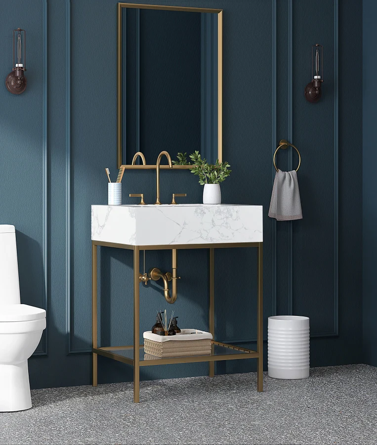 Marmo Engineered Stone Top, Brushed Gold And Glass Base Vanity - Image 11