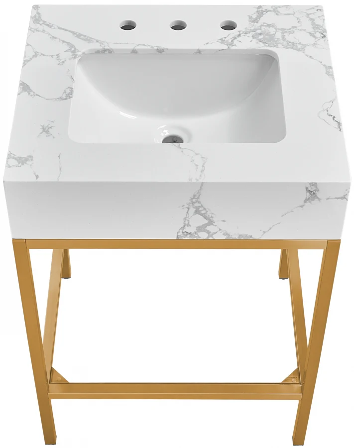 Marmo Engineered Stone Top, Brushed Gold And Glass Base Vanity - Image 14
