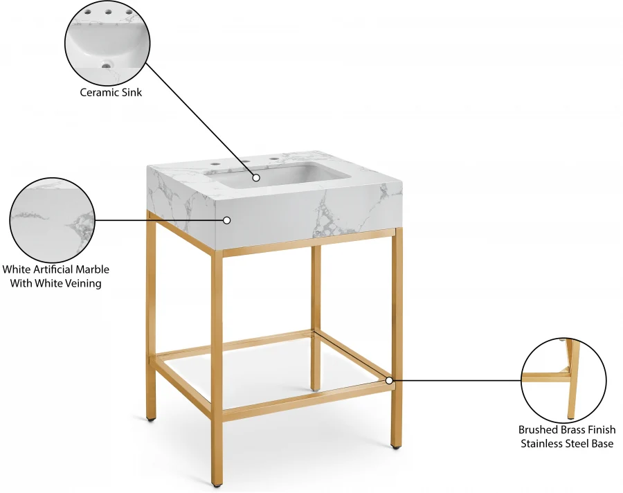 Marmo Engineered Stone Top, Brushed Gold And Glass Base Vanity - Image 18