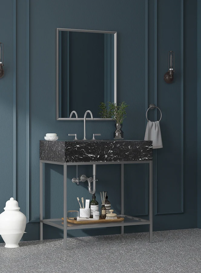Marmo Engineered Stone Top and Brushed Chrome, Steel And Glass Base Vanity - Image 11