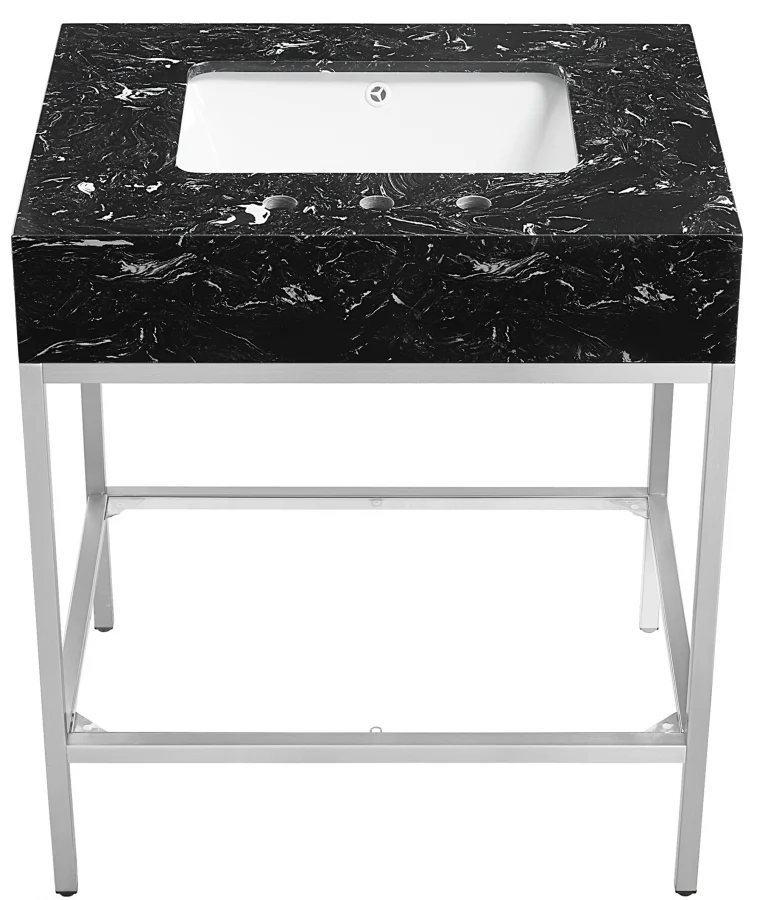Marmo Engineered Stone Top and Brushed Chrome, Steel And Glass Base Vanity - Image 13