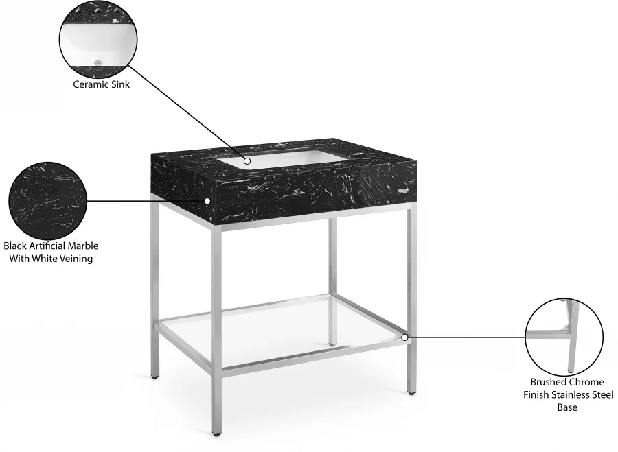 Marmo Engineered Stone Top and Brushed Chrome, Steel And Glass Base Vanity - Image 17