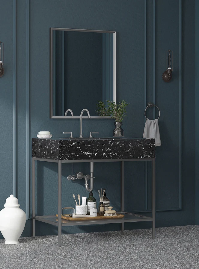 Marmo Engineered Stone Top and Brushed Chrome, Steel And Glass Base Vanity - Image 19