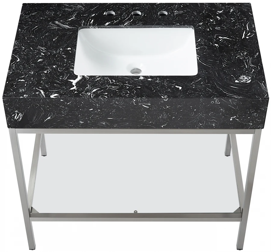 Marmo Engineered Stone Top and Brushed Chrome, Steel And Glass Base Vanity - Image 22