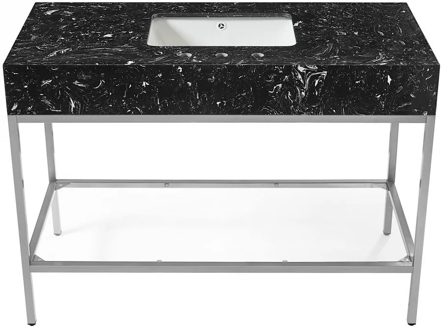 Marmo Engineered Stone Top and Brushed Chrome, Steel And Glass Base Vanity - Image 29