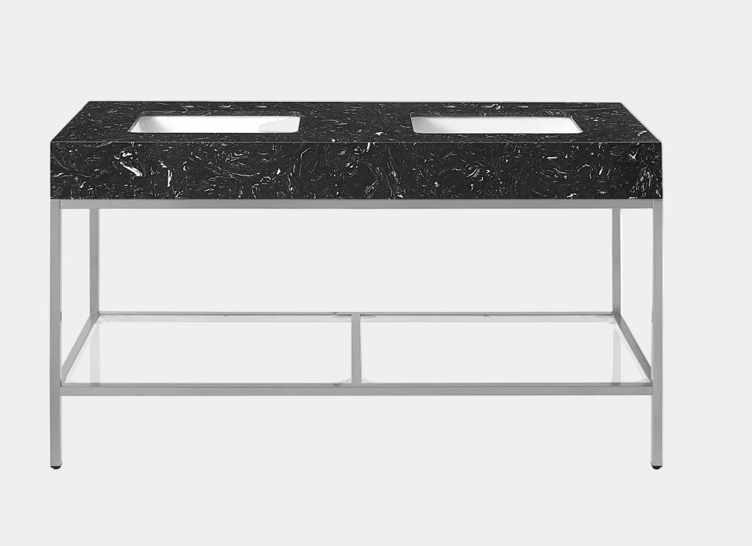 Marmo Engineered Stone Top and Brushed Chrome, Steel And Glass Base Vanity - Image 35