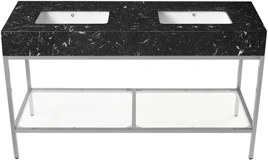 Marmo Engineered Stone Top and Brushed Chrome, Steel And Glass Base Vanity - Image 37
