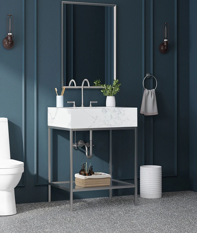 Marmo Engineered Stone Top and Brushed Chrome, Steel And Glass Base Vanity - Image 45