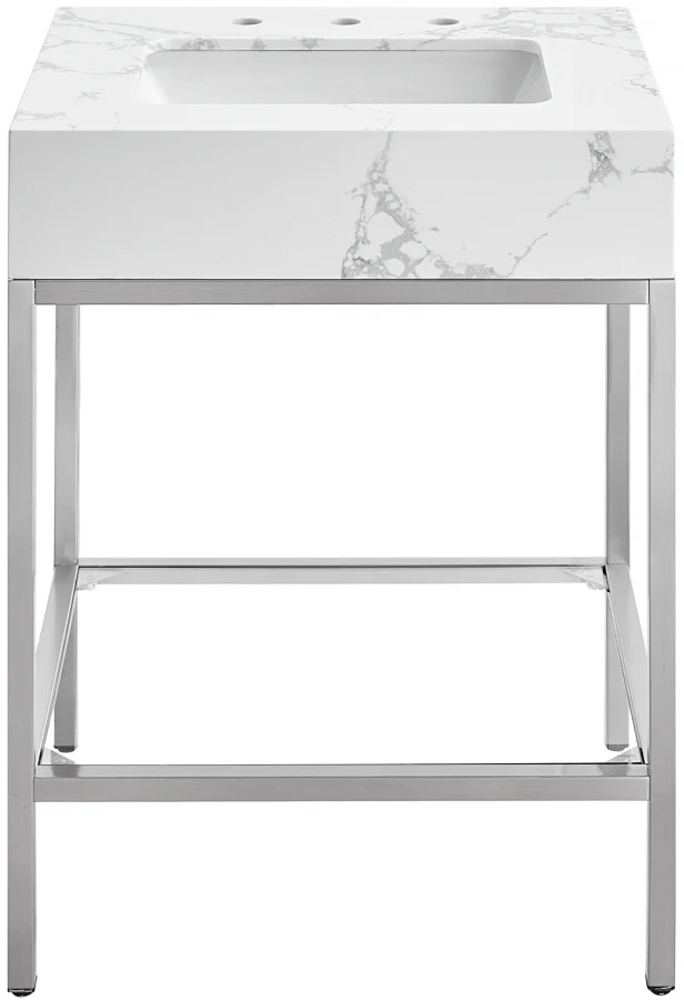 Marmo Engineered Stone Top and Brushed Chrome, Steel And Glass Base Vanity - Image 46