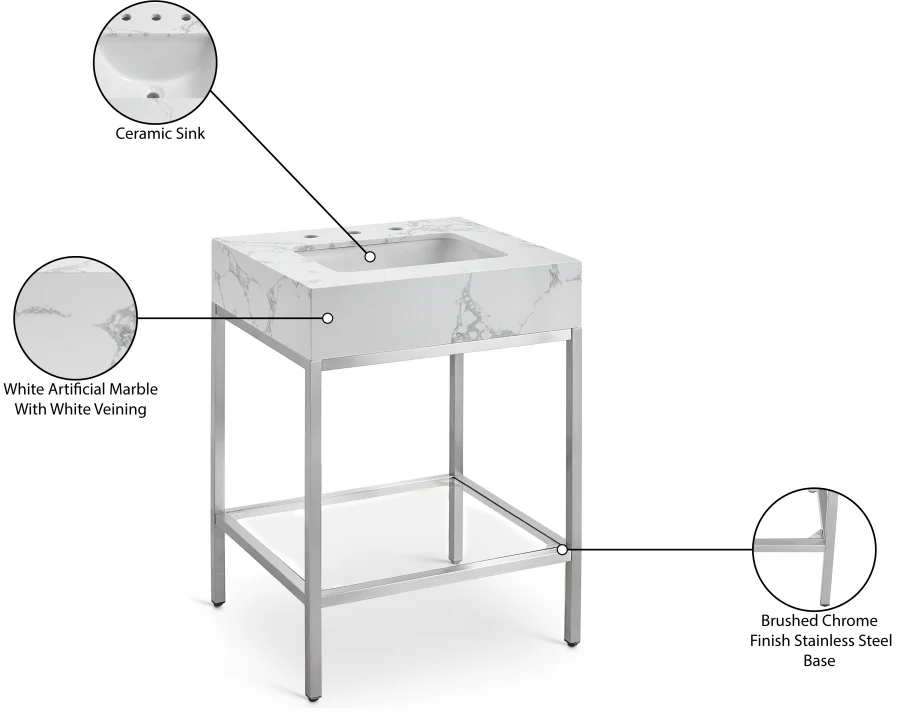 Marmo Engineered Stone Top and Brushed Chrome, Steel And Glass Base Vanity - Image 52