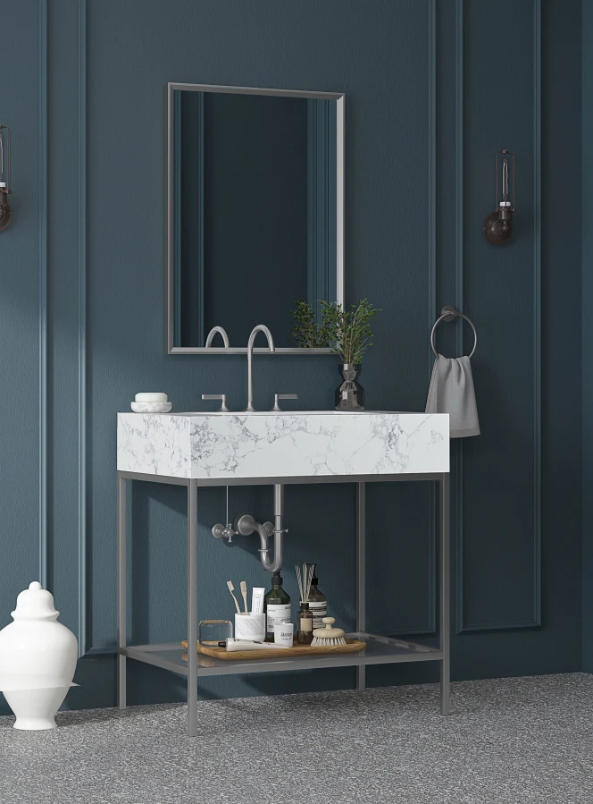 Marmo Engineered Stone Top and Brushed Chrome, Steel And Glass Base Vanity - Image 54