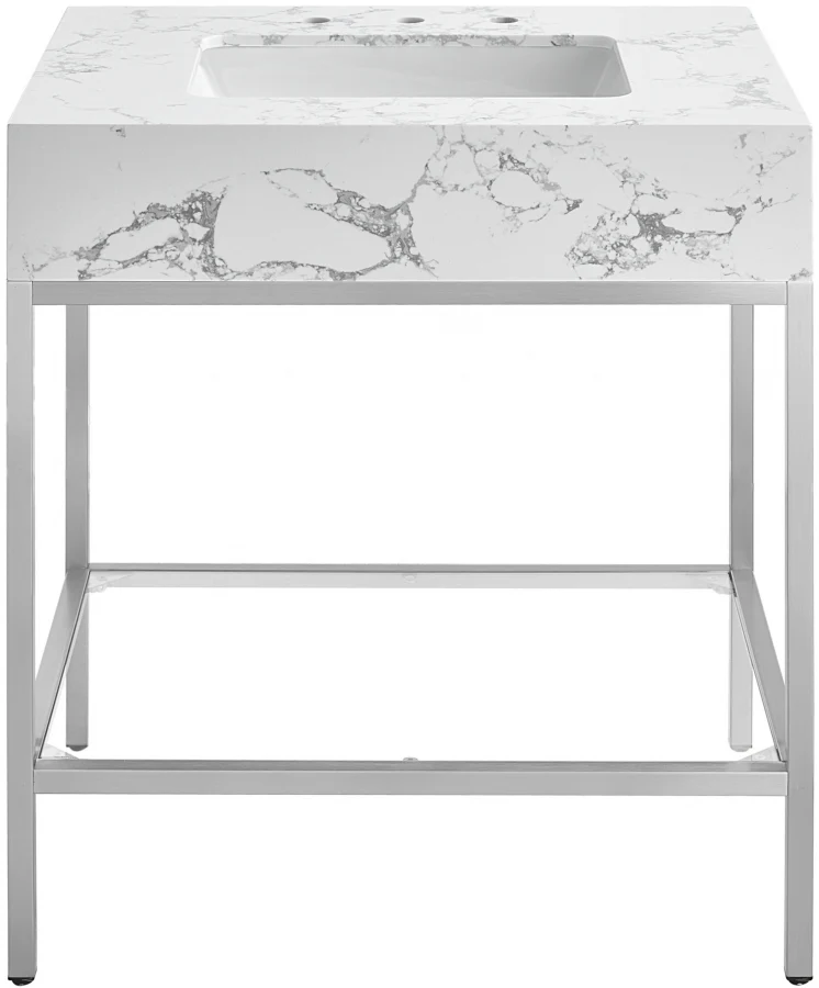 Marmo Engineered Stone Top and Brushed Chrome, Steel And Glass Base Vanity - Image 56