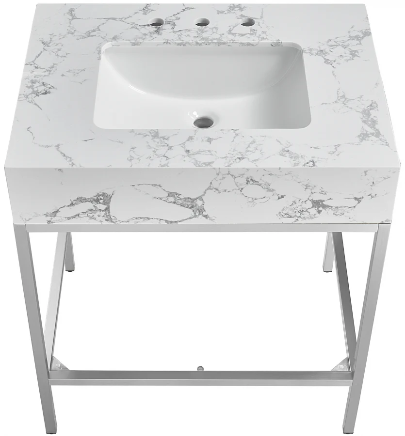 Marmo Engineered Stone Top and Brushed Chrome, Steel And Glass Base Vanity - Image 57
