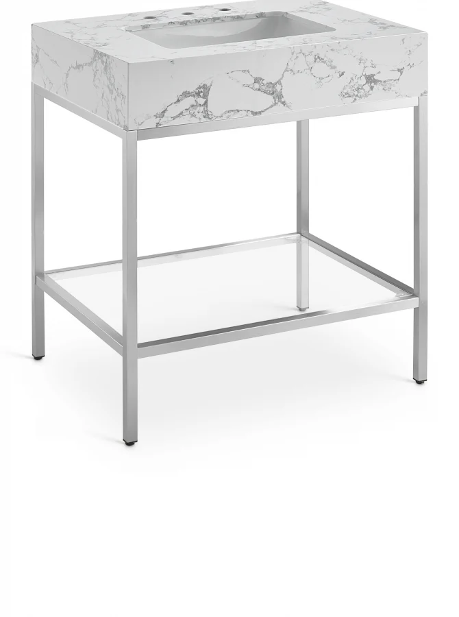 Marmo Engineered Stone Top and Brushed Chrome, Steel And Glass Base Vanity - Image 59