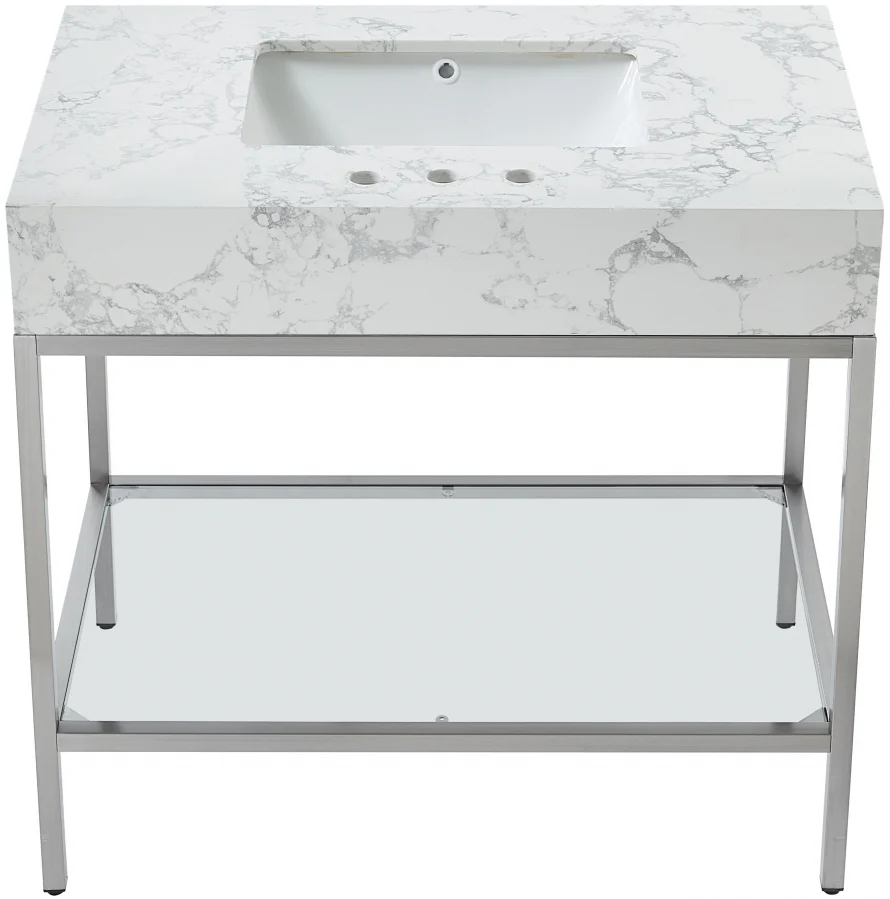 Marmo Engineered Stone Top and Brushed Chrome, Steel And Glass Base Vanity - Image 65