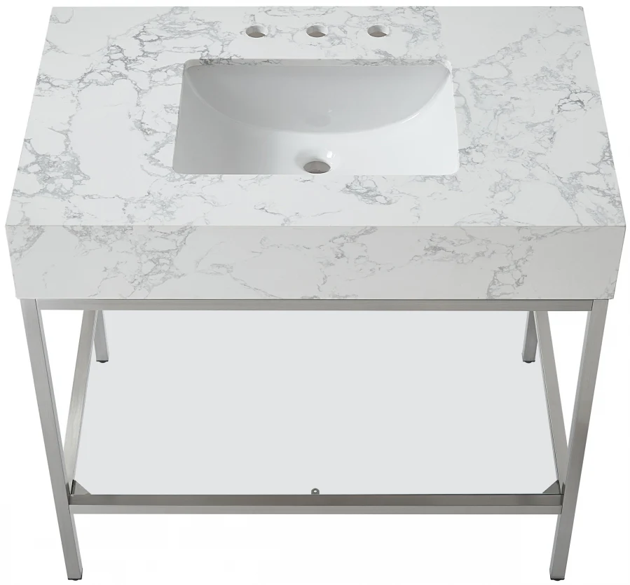 Marmo Engineered Stone Top and Brushed Chrome, Steel And Glass Base Vanity - Image 66