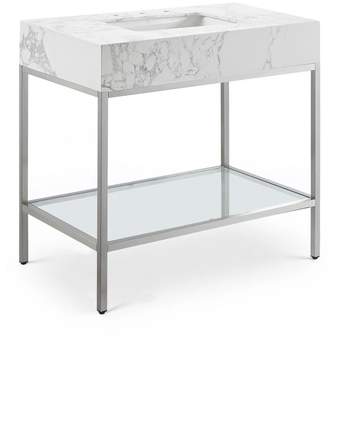 Marmo Engineered Stone Top and Brushed Chrome, Steel And Glass Base Vanity - Image 69