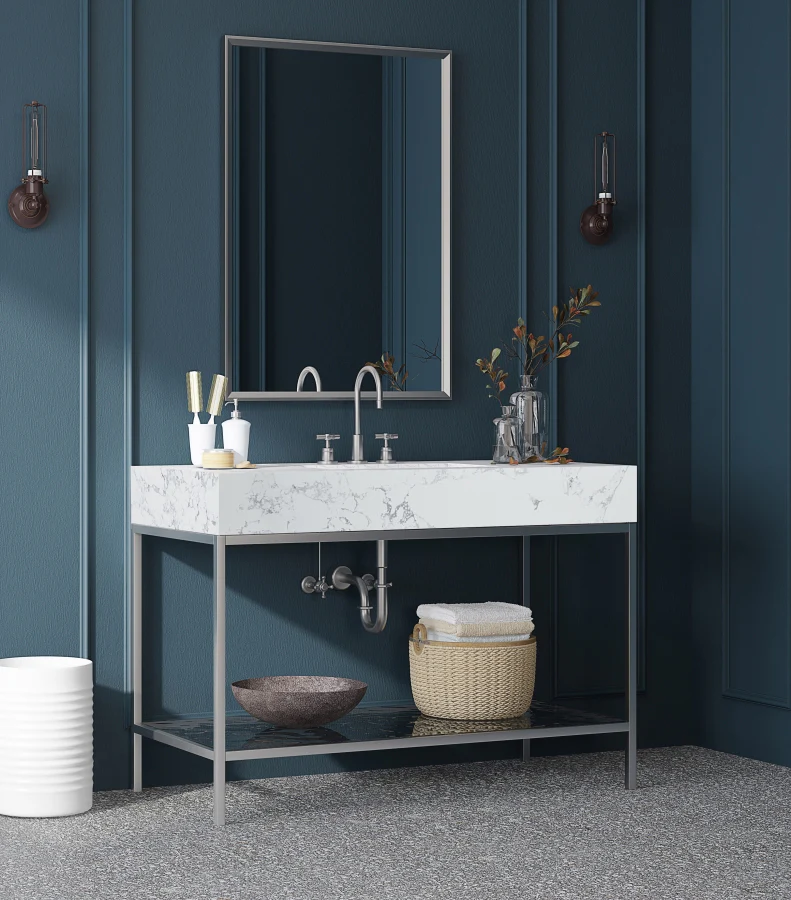 Marmo Engineered Stone Top and Brushed Chrome, Steel And Glass Base Vanity - Image 73