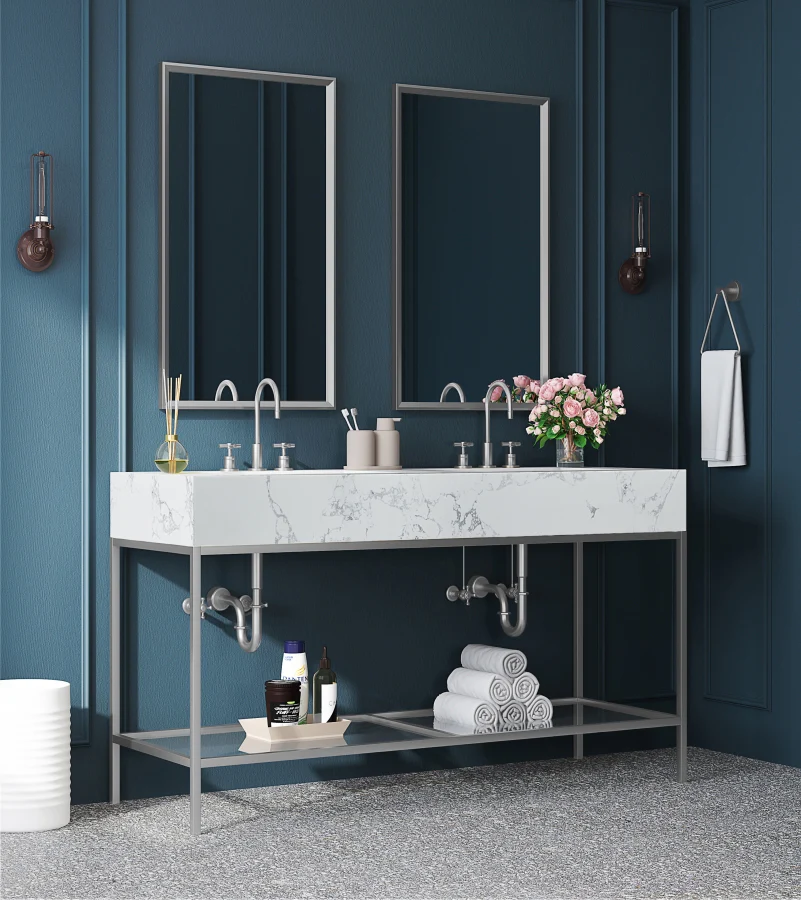 Marmo Engineered Stone Top and Brushed Chrome, Steel And Glass Base Vanity - Image 81