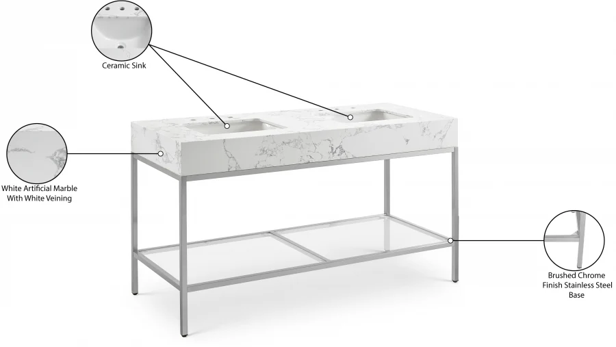 Marmo Engineered Stone Top and Brushed Chrome, Steel And Glass Base Vanity - Image 87