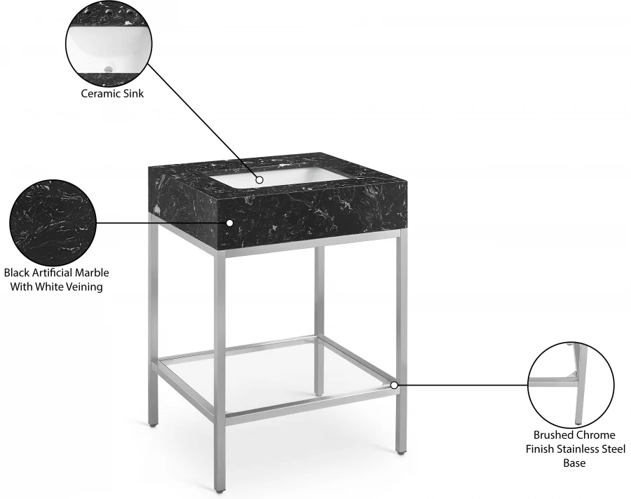 Marmo Engineered Stone Top and Brushed Chrome, Steel And Glass Base Vanity - Image 9