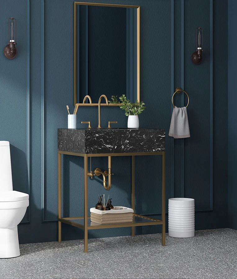 Marmo Engineered Stone Top, Brushed Gold And Glass Base Vanity - Image 2